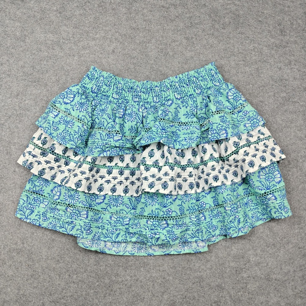 Roller Rabbit Skirt Girls M Blue Floral Ruffle Mini Elastic Waist Tiered Boho